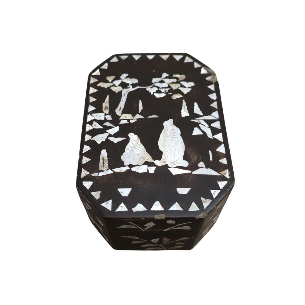 Antique Vintage Korean Asian Mother Of Pearl Inlay Wooden Jewelry Trinket Box